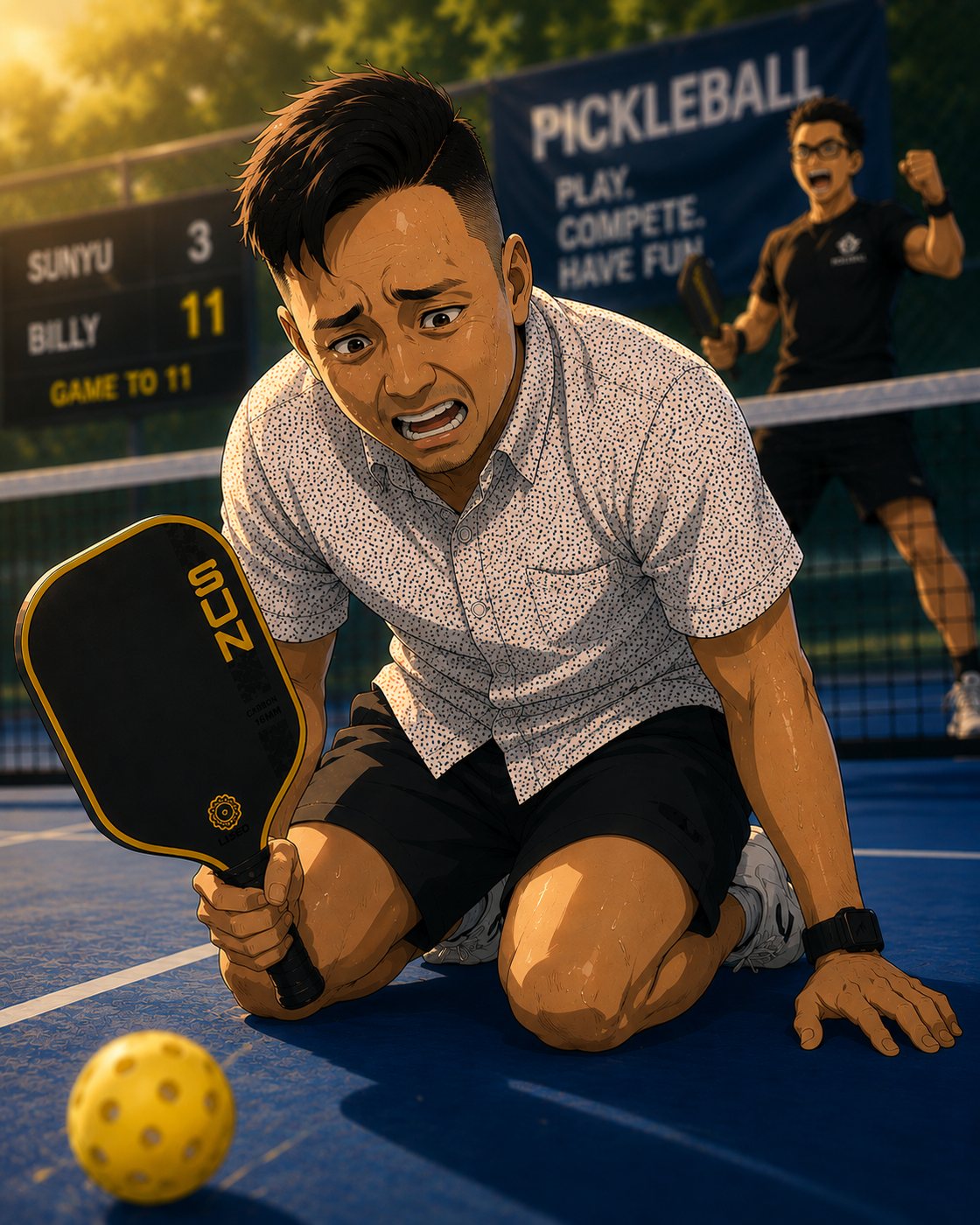 Sun Yu kneeling in defeat as Billy celebrates